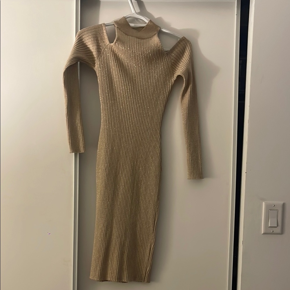 Elegant Tan Ribbed Knit Dress